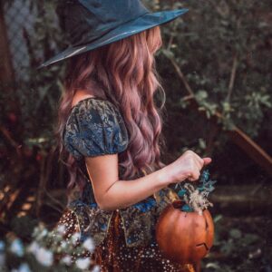 A woman wearing a black hat and a brown dress, holding a pumpkin.