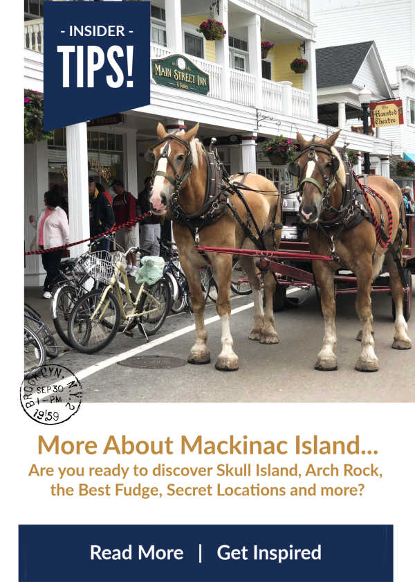 Horses and wagon in front of buildings in downtown Mackinac Island