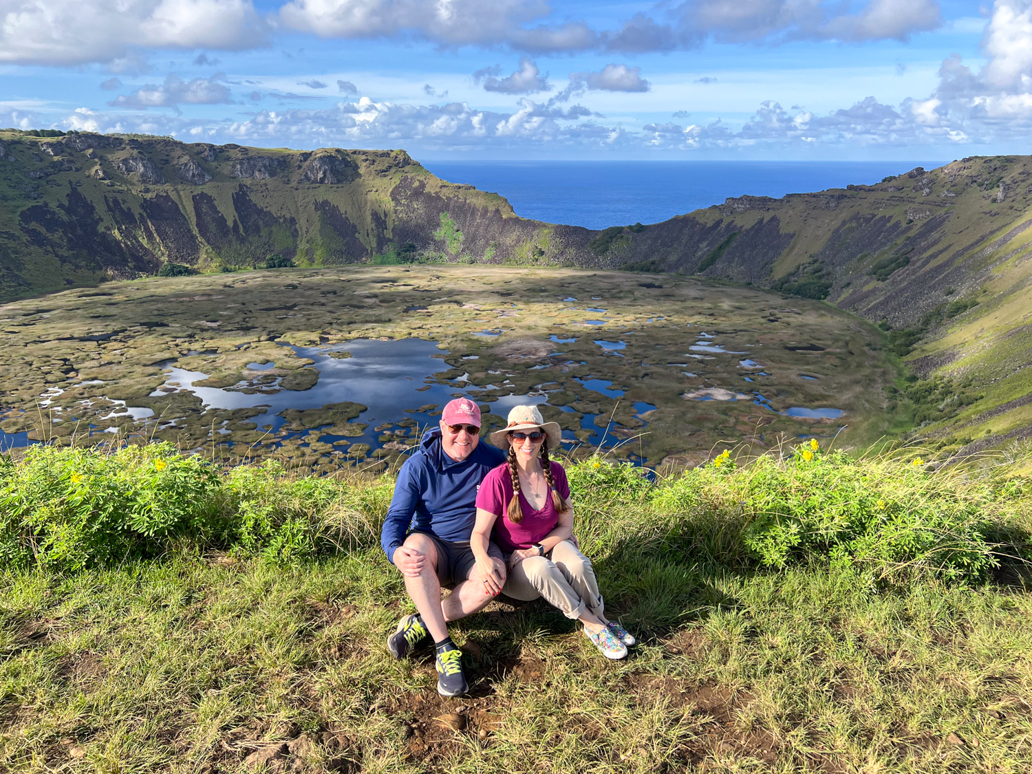 Dave and Kel atop the Rano Kau crater on Easter Island in Chile.