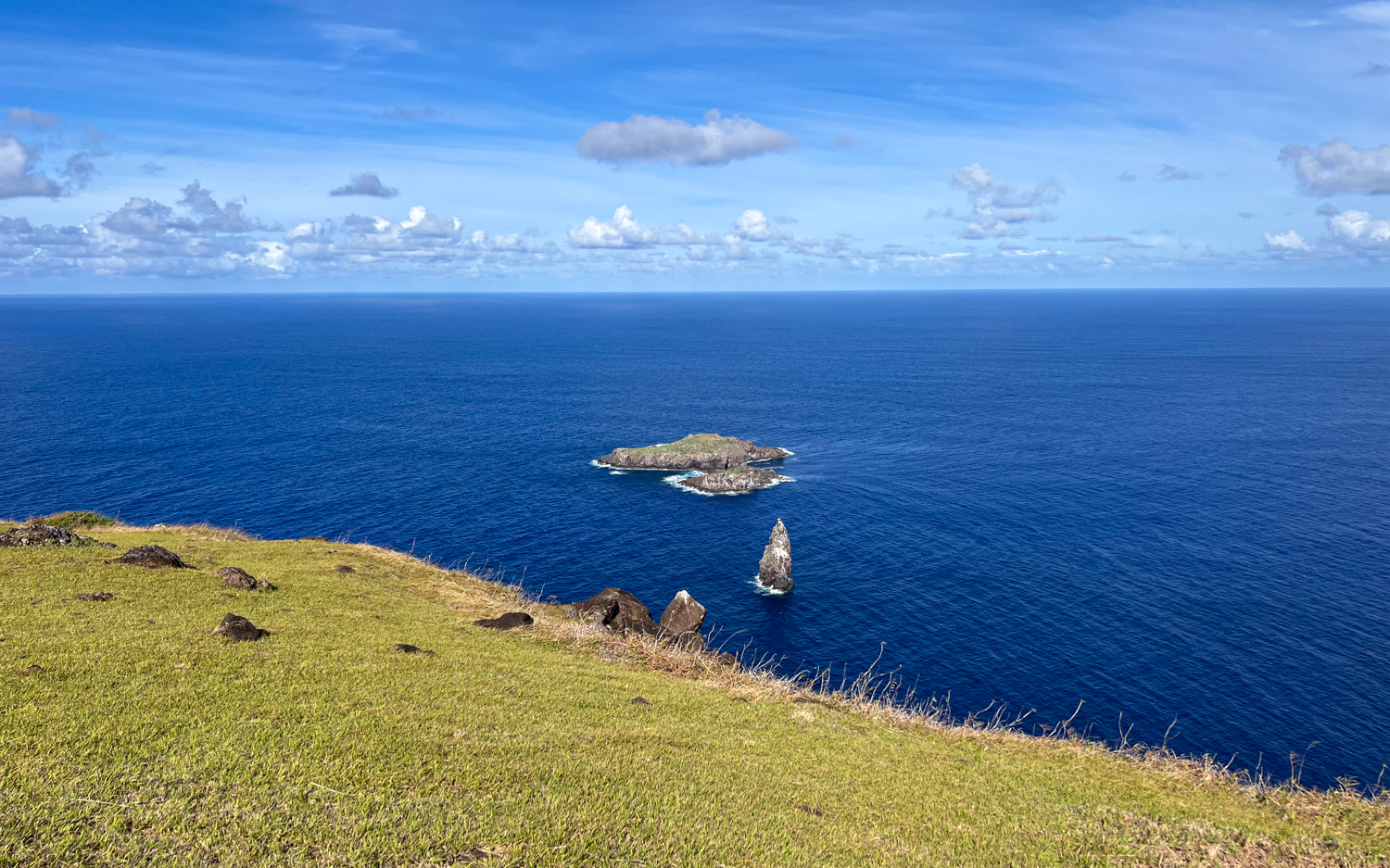 Three islets off the south coast of Easter Island, as seen from the village of Orongo.