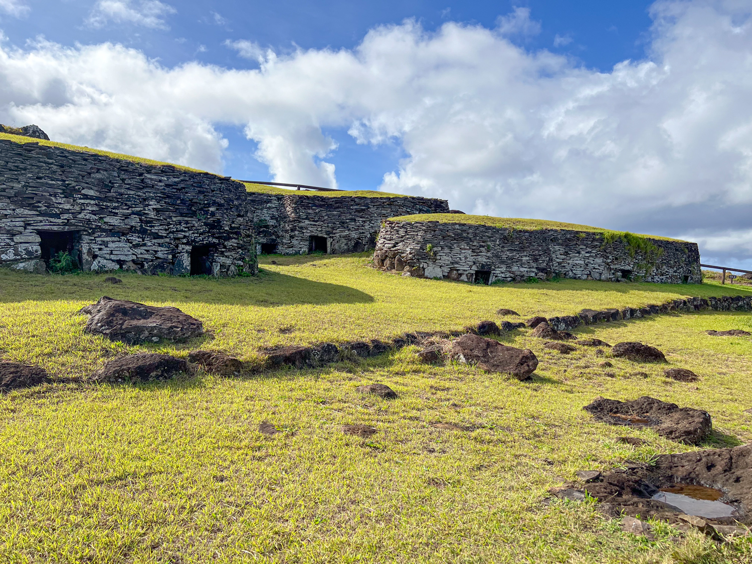 Round stone buildings.