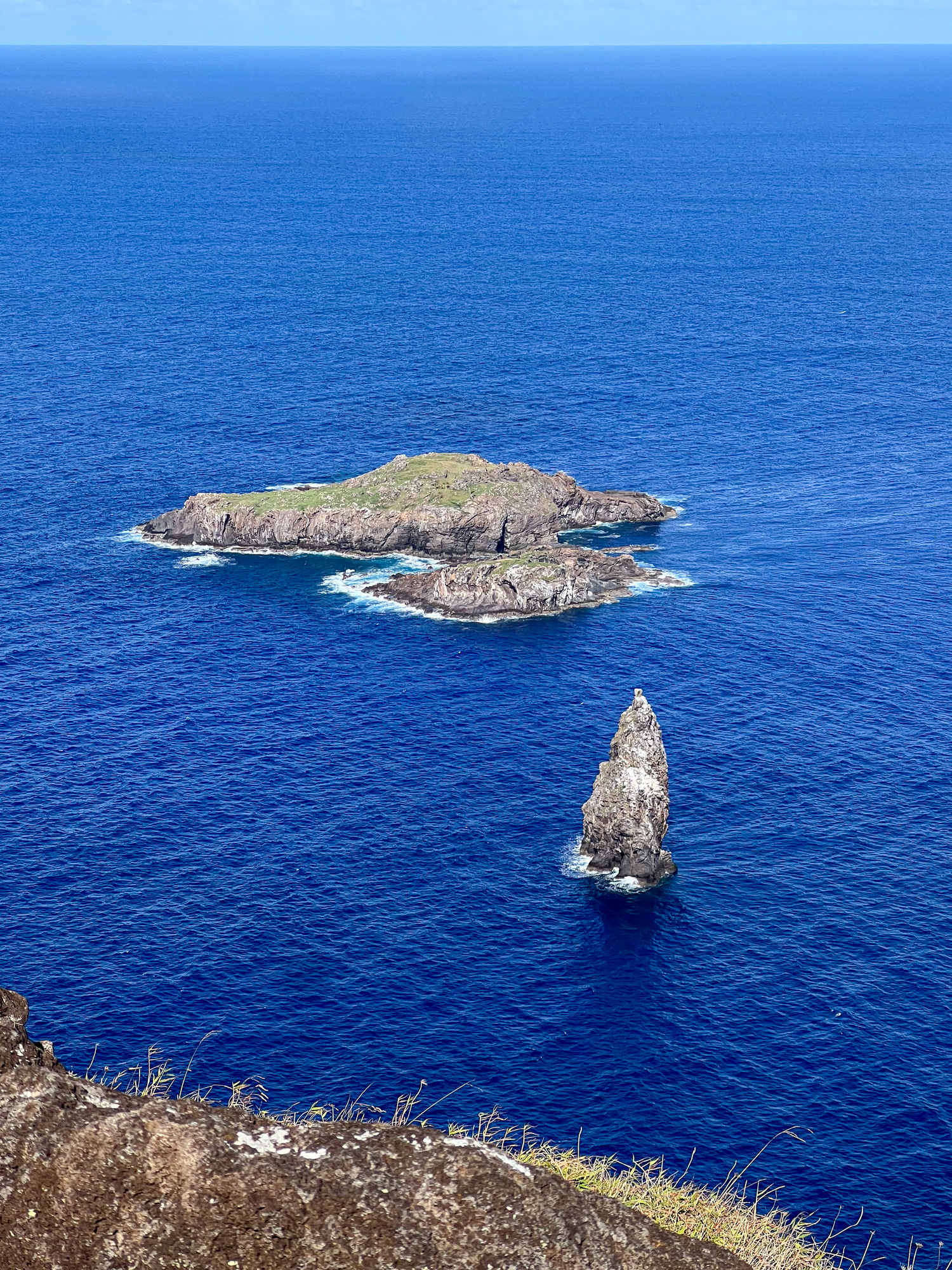 Motu Nui is the largest of the three islets, followed by Motu Iti (middle) and Motu Kao Kao.