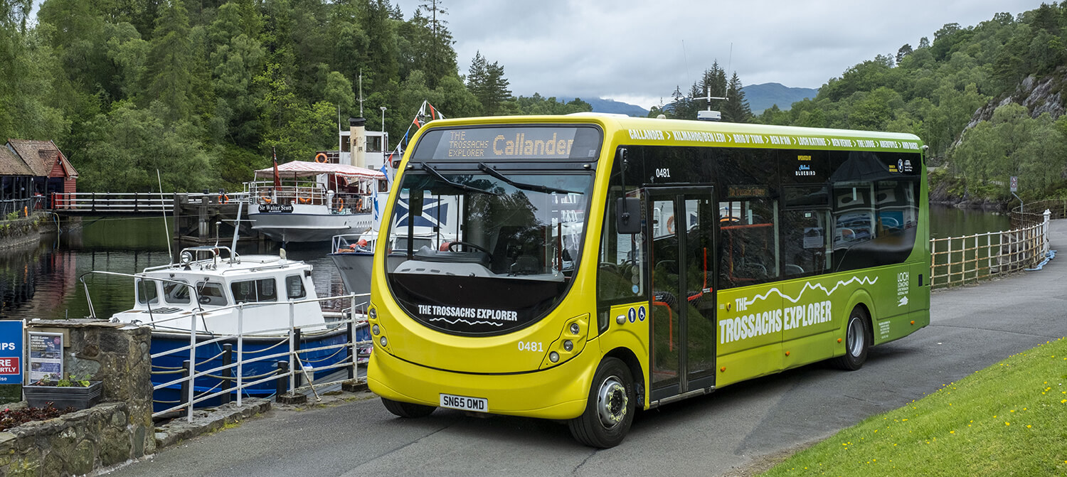 The Trossachs Explorer bus parked at Loch Katrine.