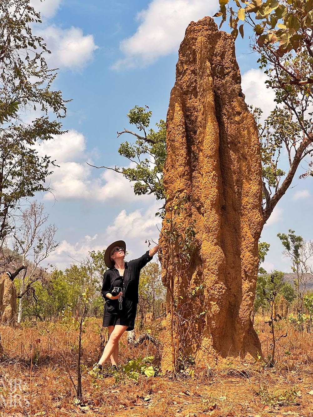 Maguk waterfall in Kakadu - Christina and huge cathedral termite mound