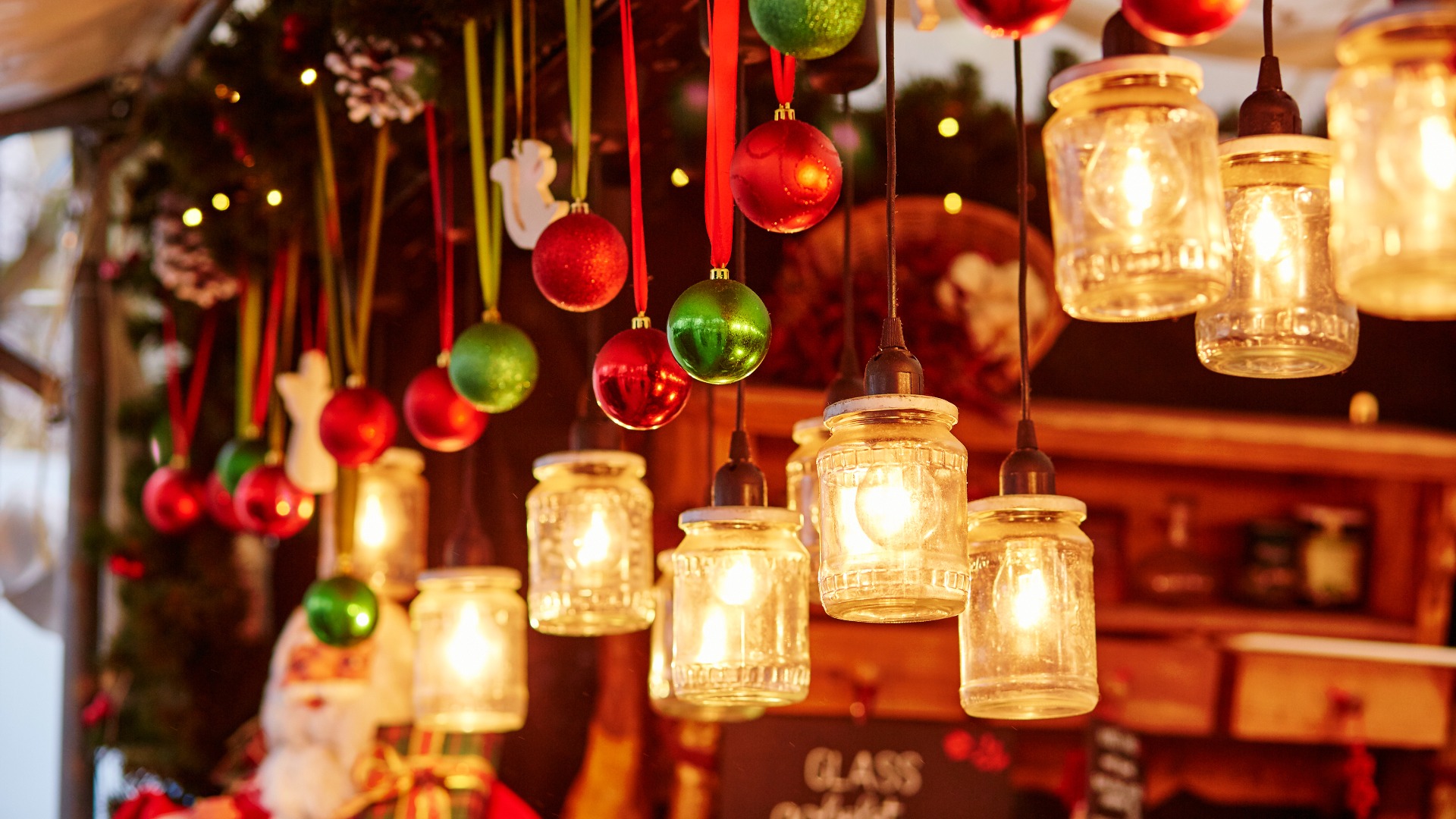 A close-up view of intricate Christmas ornaments.