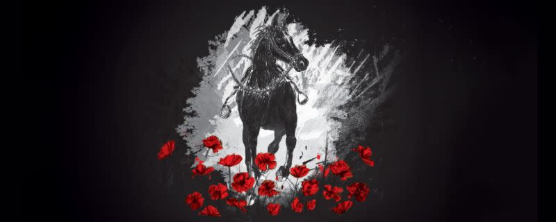 A black horse adorned with red flowers