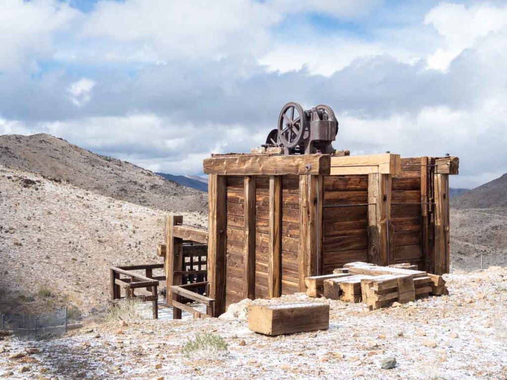 Lost Mine Trail in Joshua Tree with remnants of old mining equipment.