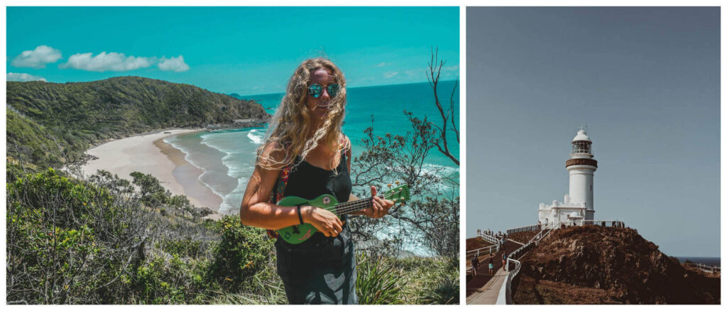 Girl playing guitar in front of beach and the lighthouse at Byron Bay, Australia