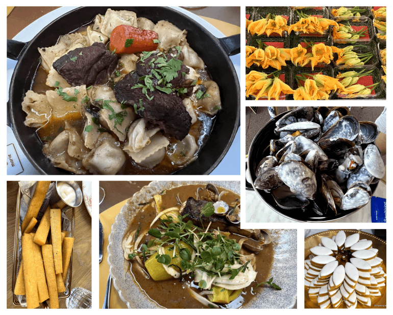 Cuisine in the south of France - Ravioli à la Niçoise, mussels in a creamy garlic sauce, panisse, seafood stew, Calissons d'Aix