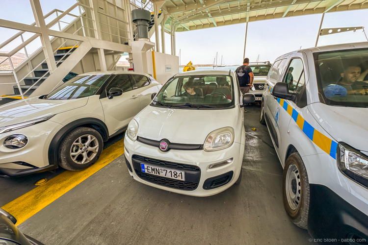 Our intrepid Panda on the car ferry back to Paros