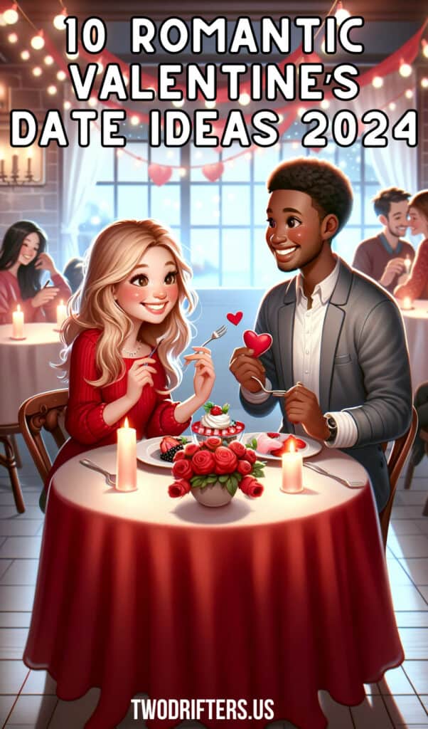 A couple smiles over a romantic dinner, featured in '10 Romantic Valentine’s Date Ideas 2024' on TwoDrifters.us, showcasing love with heart motifs and a cozy restaurant ambiance.