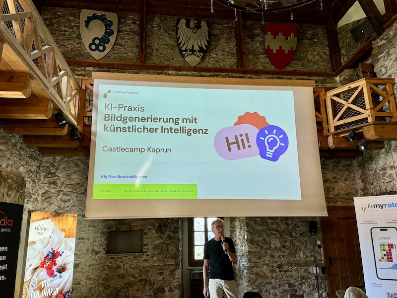 Günter Exel from Realizing Progress discussing image generation with AI at the #cczk24 Castle Camp Kaprun.