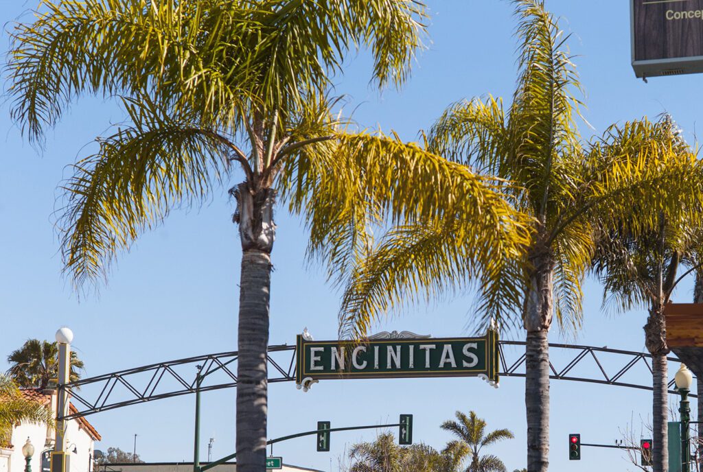 Palm trees and sign for entrance to downtown Encinitas