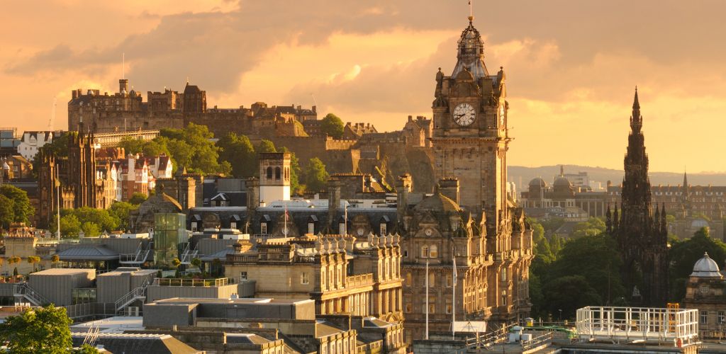 A stunning aerial view of Edinburgh at sunset.