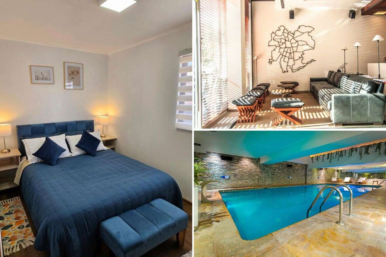 A collage of three hotel photographs showcasing places to stay in Santiago de Chile: a minimalist bedroom with deep blue bedspread, a bright lounge featuring contemporary seating and a wall map, and a serene, modern indoor swimming pool.