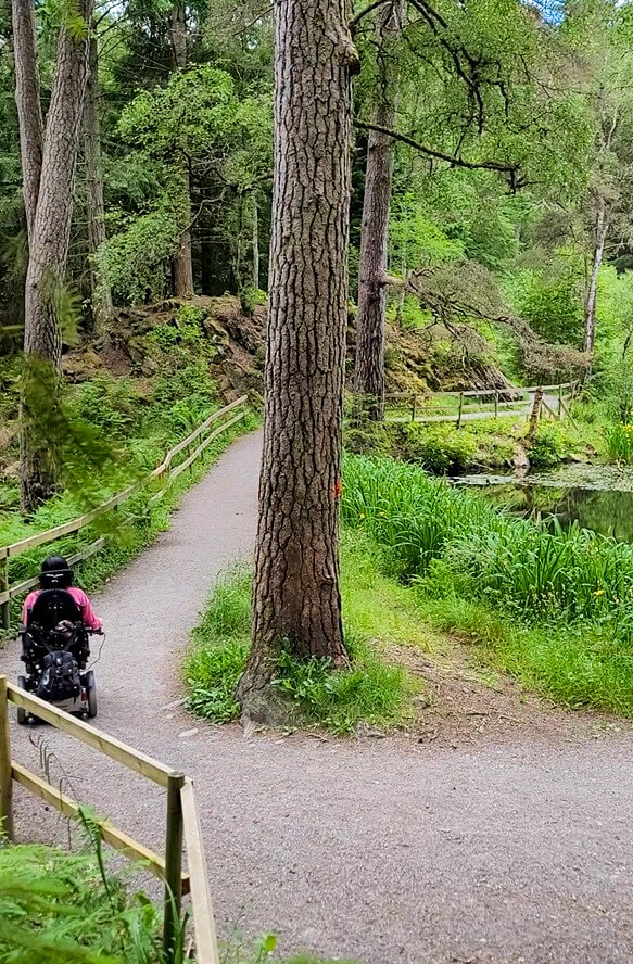 Emma in her powered wheelchair driving along a hard surface path in Faskally Woods.