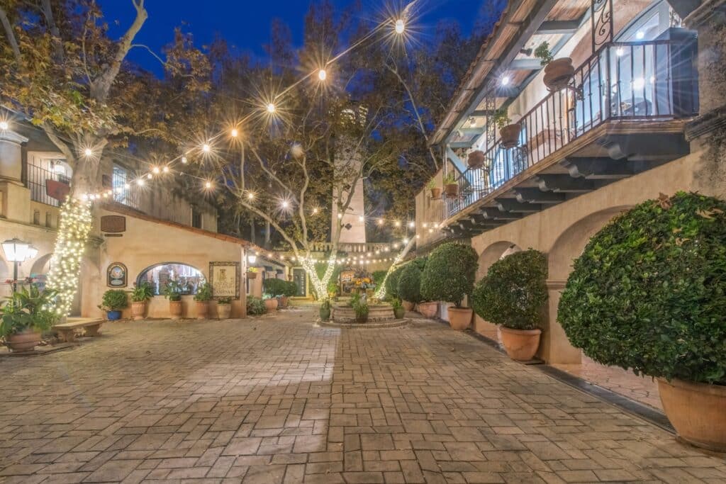 Tlaquepaque Arts & Shopping Village in Sedona lit up with lights at night