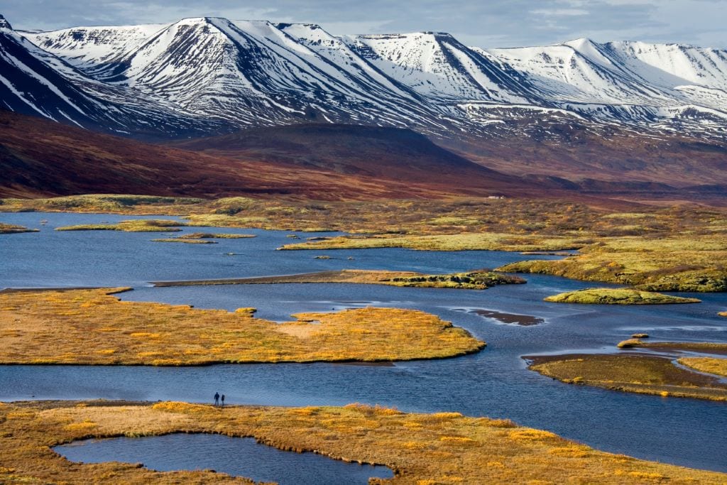 A wide view of a marshy landscape with winding waterways and golden grasses, highlighted by a lone figure on a narrow strip of land against distant snow-capped mountains under clear skies.