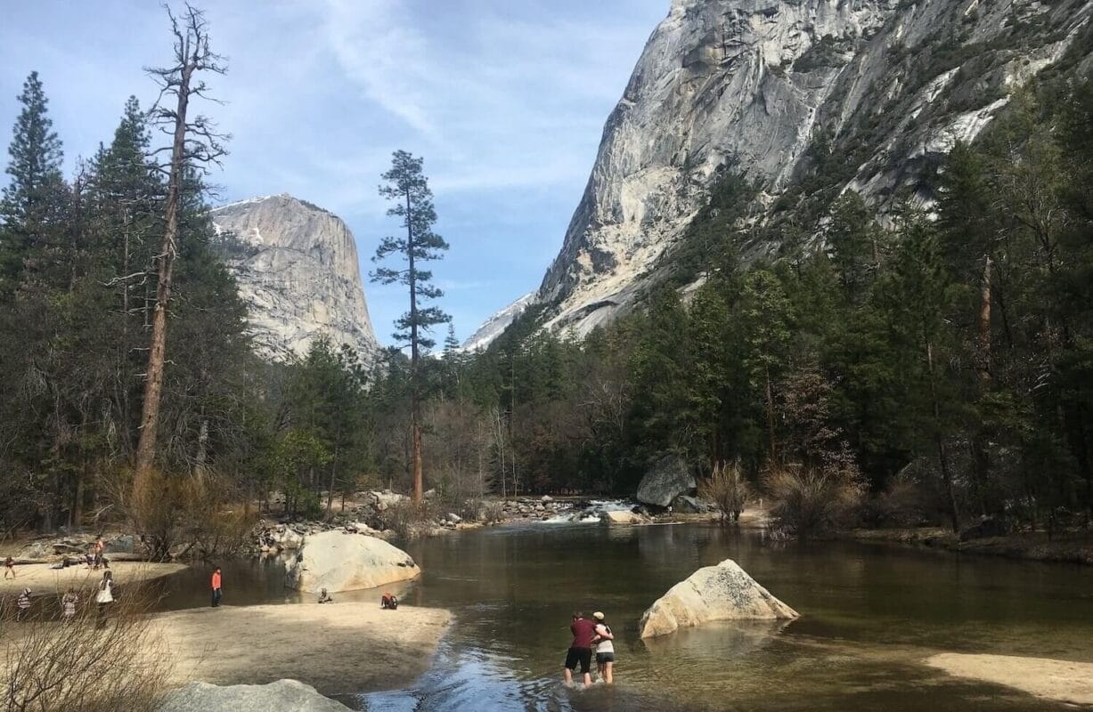 tourists exploring Mirror Lake in Yosemite National Park