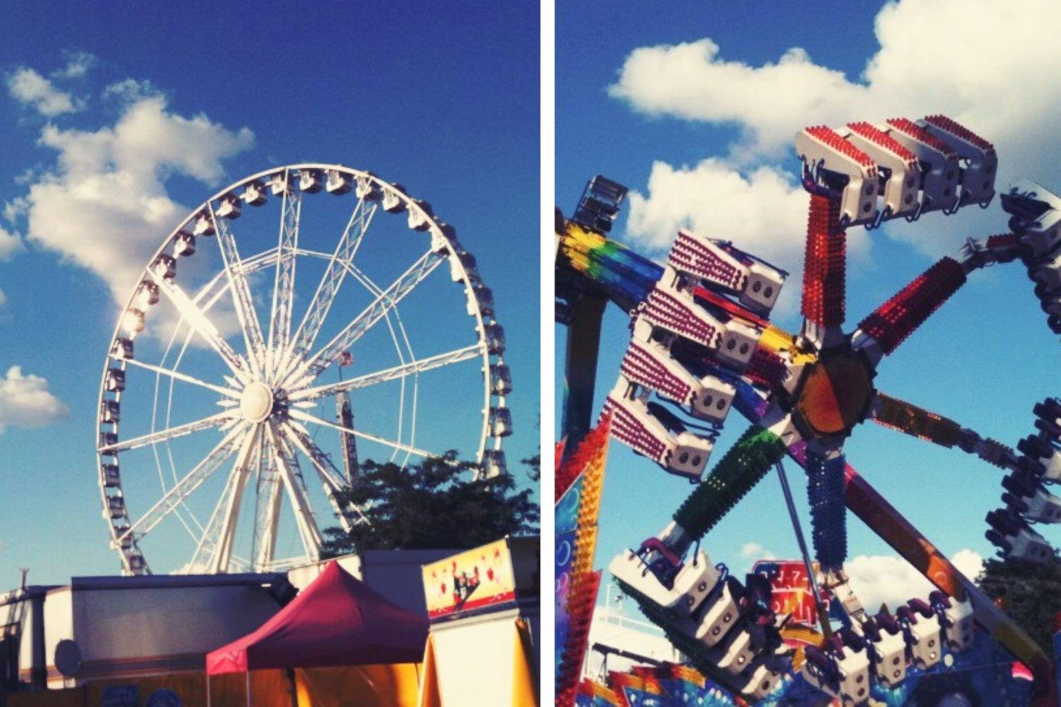 Collage of two amusement rides at the Foire du Trône in Paris.