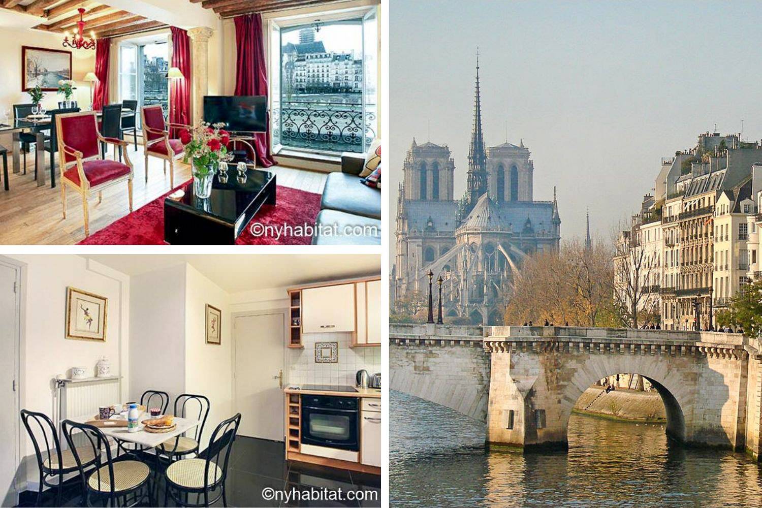 Collage of living room and kitchen of vacation rental PA-3085, with a view of a bridge over the Seine and Parisian buildings, including Notre Dame Cathedral.