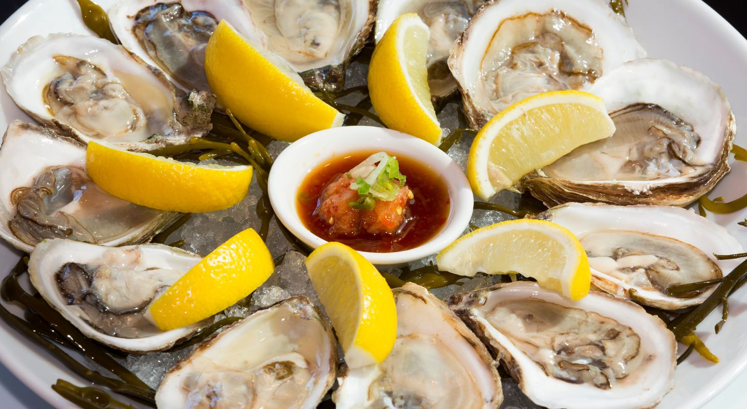 Plate of oysters and lemon slices