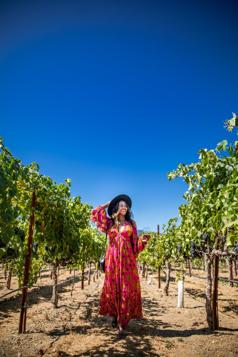 Alicia Tenise in Dry Creek Valley | Black Owned Wineries by popular D.C. lifestyle blogger, Alicia Tenise: image of Alicia Tenise standing in a vineyard at Dry Creek Valley holding a wine glass with red wine.