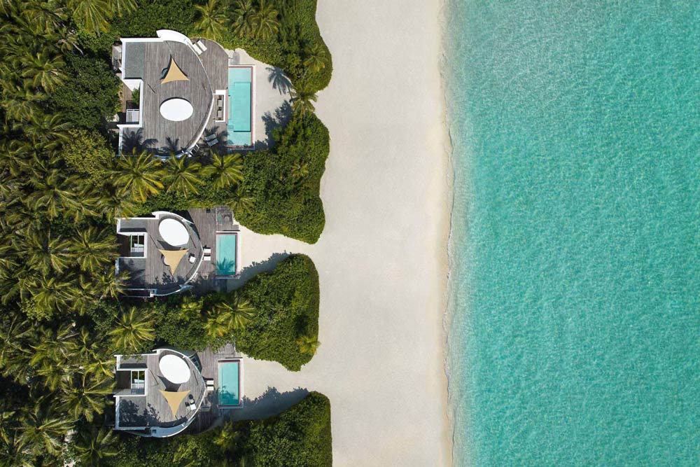 Aerial view of Jumeirah Maldives Olhahali Island contemporary Villas