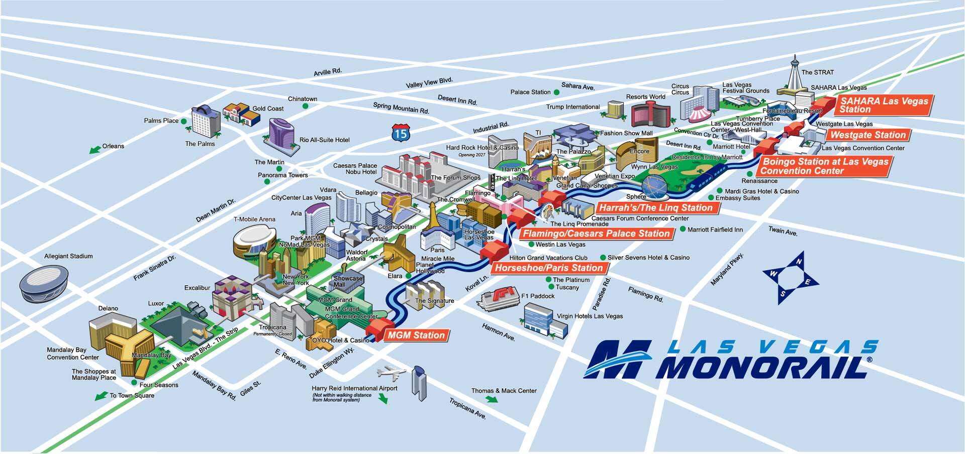 A Map Of The Entire Las Vegas Strip Featuring All Hotel/Casino Properties And The Las Vegas Monorail Route.