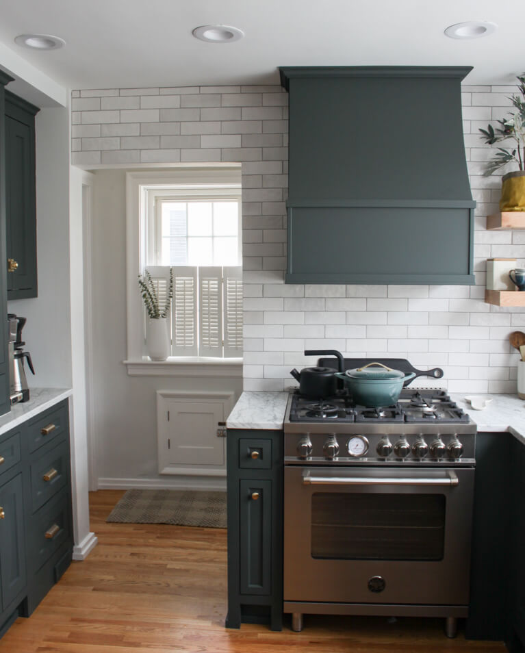 Green Kitchen Cabinets and Custom Hood