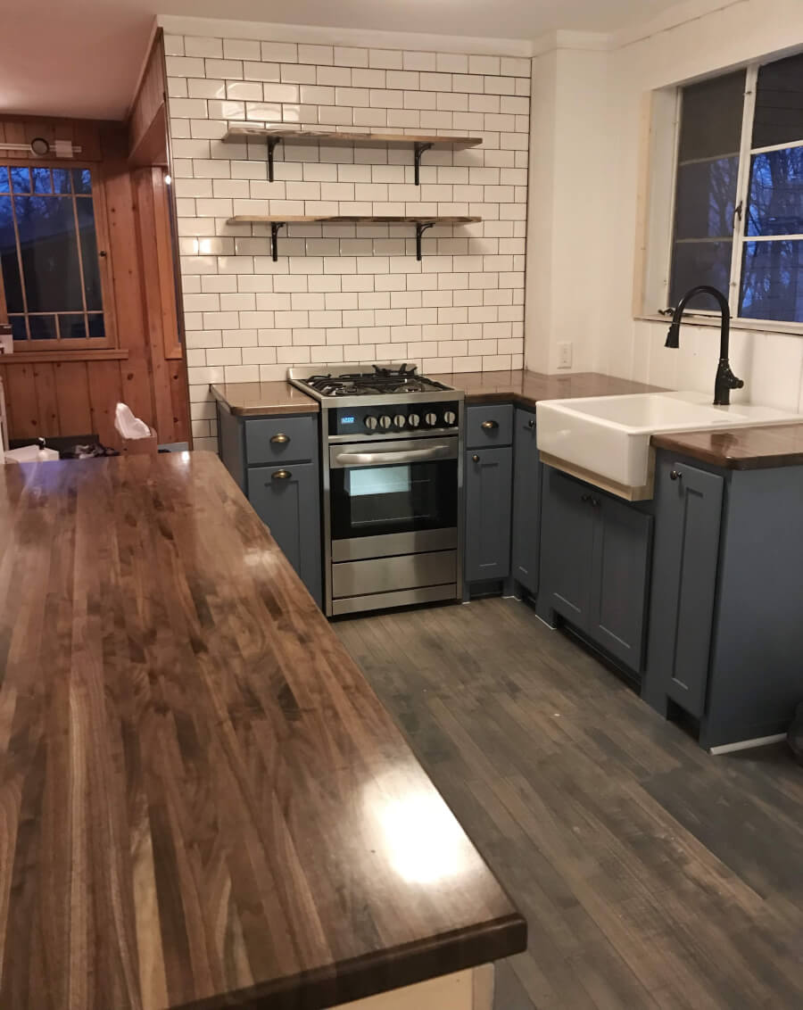 PROGRESS | Walnut Butcher Block Counters | Kitchen Renovation | Painted Kitchen Cabinets | Cottage Renovation #cottagereno #paintedkitchencabinets #butcherblock #walnutbutcherblock