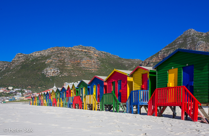 the brightly colored beach houses at Muizenberg Beach near Cape Town, South Africa