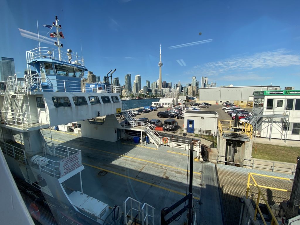 View of the ferry and the Toronto skyline from Billy Bishop Airport