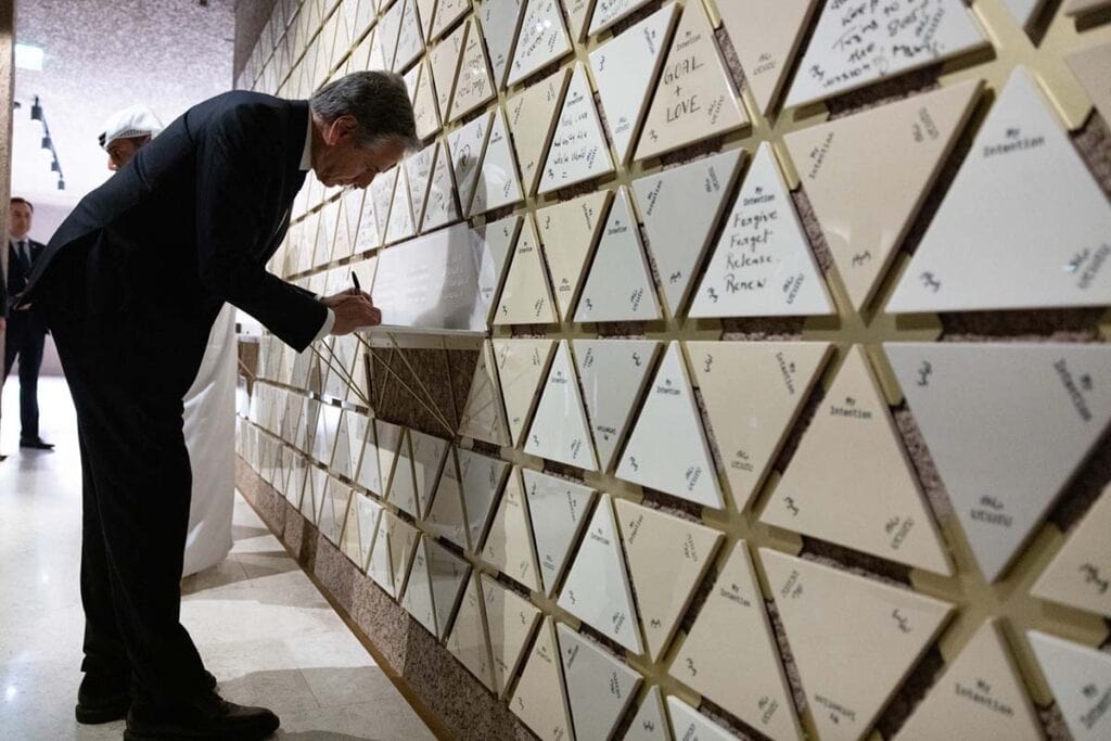 Secretary of State Antony J. Blinken wrote on a tile at the Abrahamic Family House in Abu Dhabi in 2023