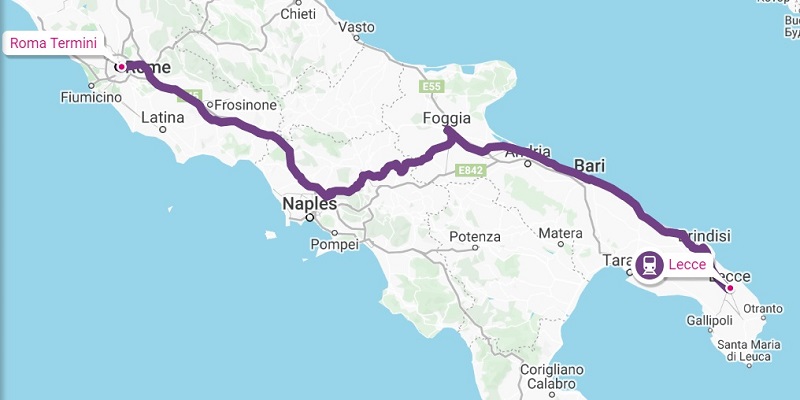 Train route from Lecce to Rome