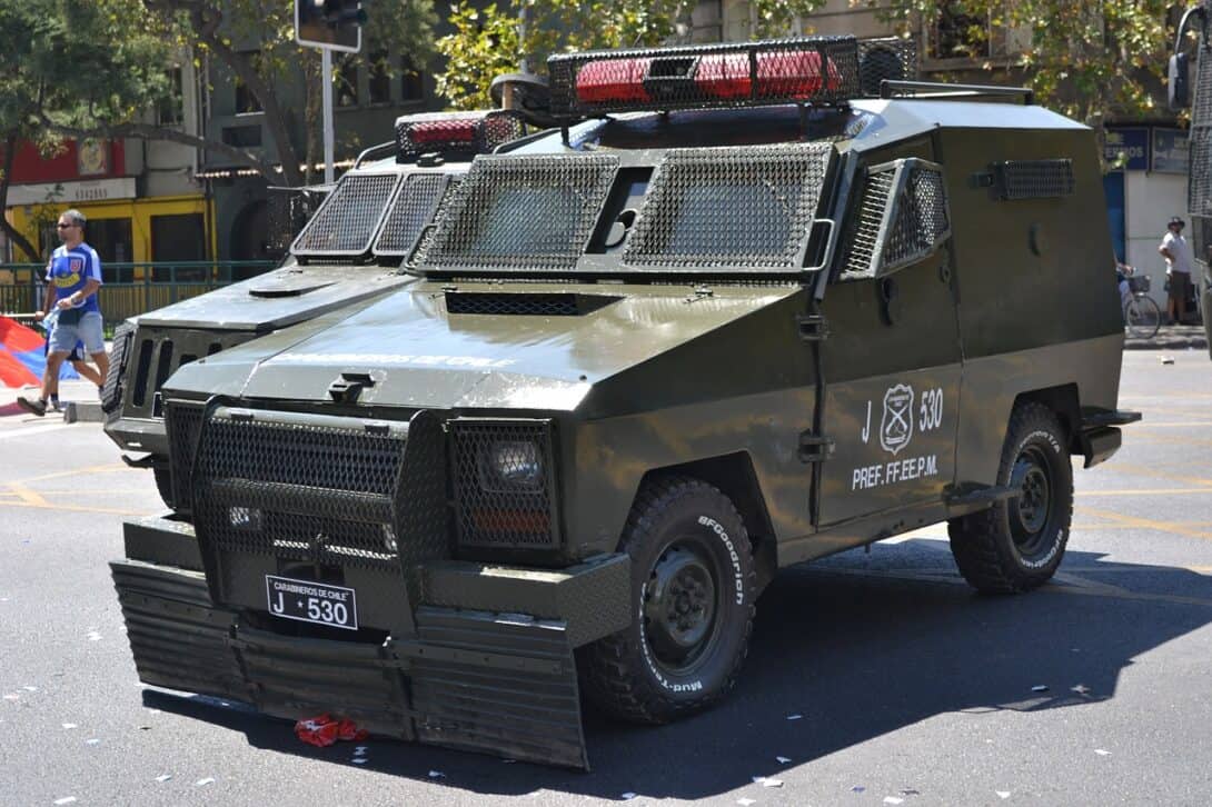 Military vehicle in city