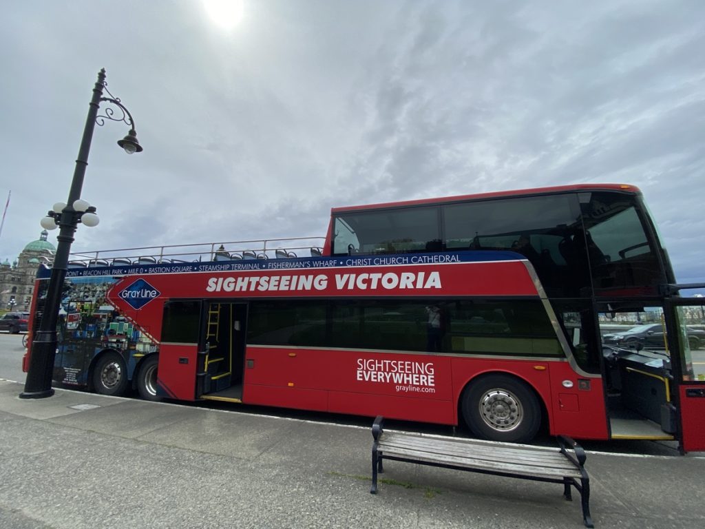 Sightseeing Victoria double decker hop-on-hop-off bus with Gray Line Tours in Victoria, BC