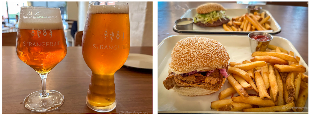 Strangebird Brewing beer Savoir-Vivre 10 (Belgian tripel made wild) and Winnebago Warrior (West Coast IPA) + food fried chicken sandwich and smash burger